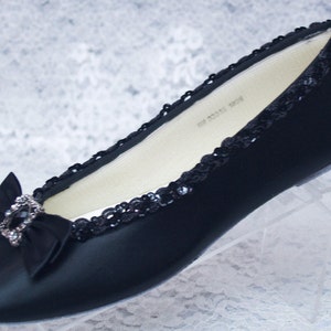 Size 9 or 10 Black Satin Shoes Flats big bow vintage brooch Ready to ship,Goth Wedding FLATS Victorian, MOB MOG, Bridesmaids, Comfortable
