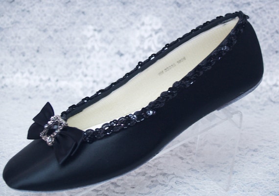 Size 9 or 10 Black Satin Shoes Flats Big Bow Vintage Brooch Ready to Ship goth Wedding FLATS Victorian MOB MOG Bridesmaids Comfortable Etsy Canada