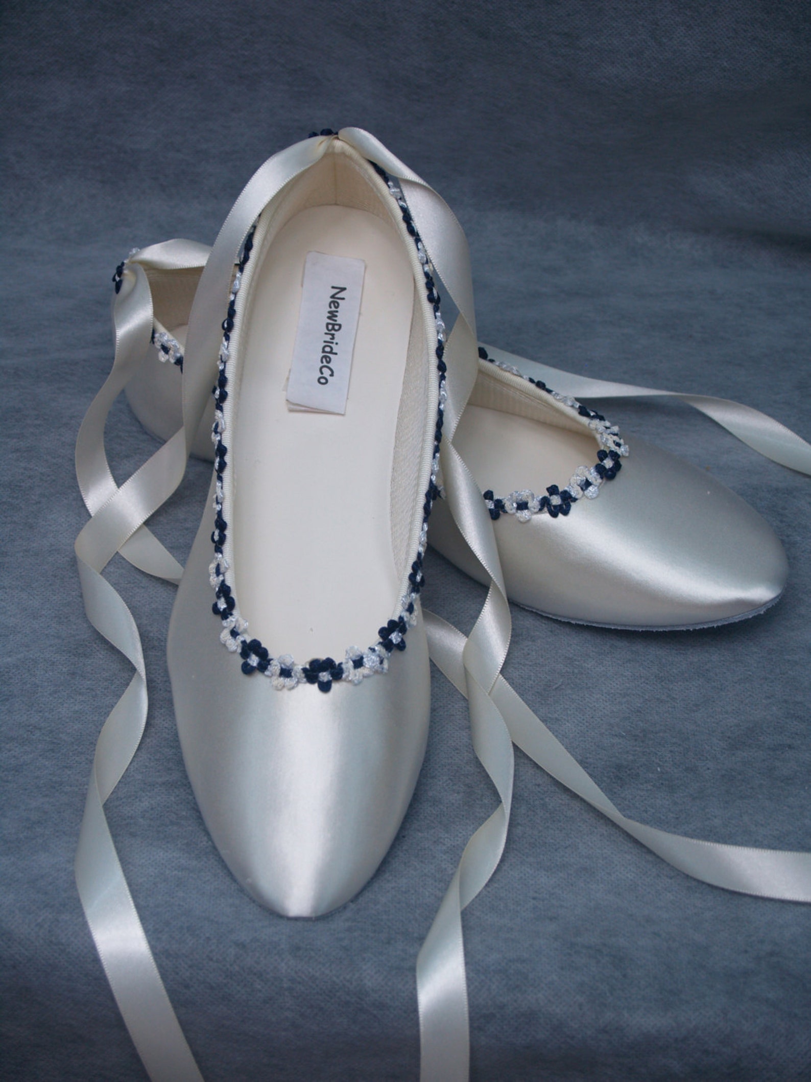 brides wedding flat shoes navy blue trims on ballet style flat slipper,white navy blue bridal flat shoes,bridesmaids,graduations