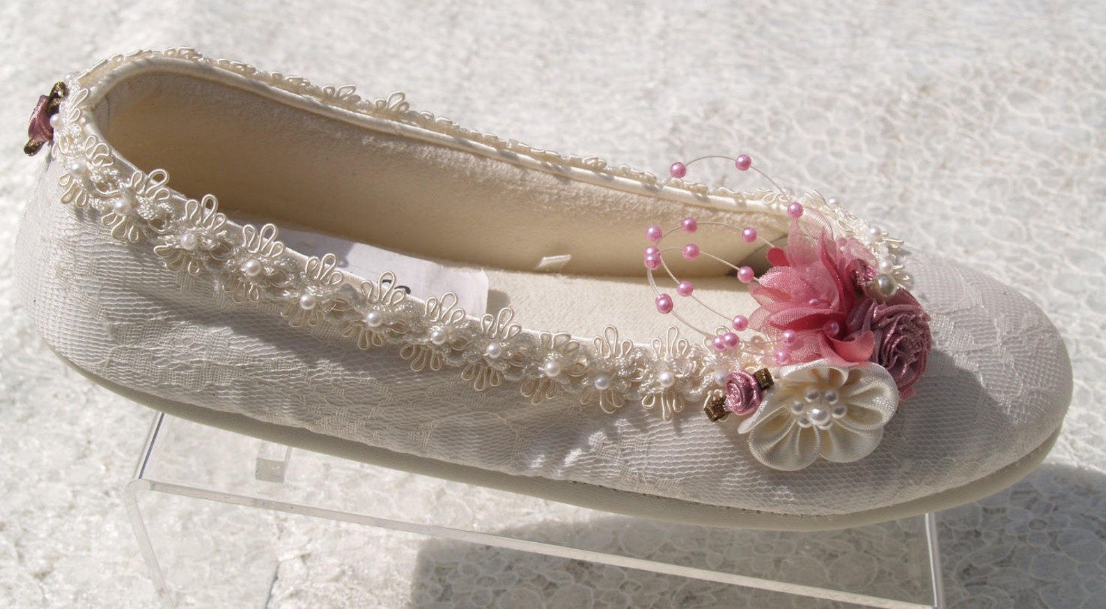 size 5 wedding ivory flats vegan rose shoes ready to ship embellished w pearls gimp edge,gorgeous victorian style ballet slipper