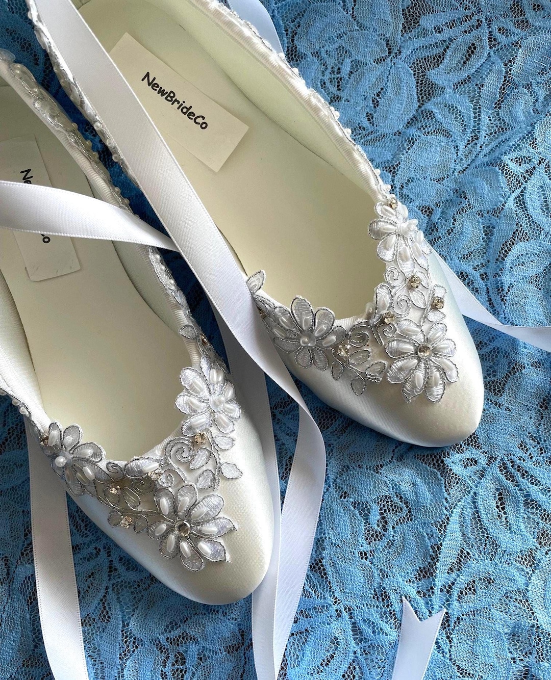 White Satin Satin Flat Wedding Shoes White Satin Wedding Flats: Lace  Applique, Pearl Ribbon Ballet