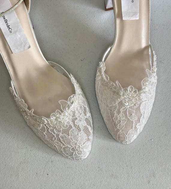 Off-white or Ivory shoes Lace front Mid block heel beaded lace trim, Crochet Ivory 2 1/4 block heel lace shoes closed toes sizes 5 to 11,