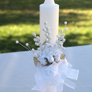 White Baptism Candle beautiful Vintage asares white flowers, COMMUNION CANDLE, Christening, Presentation Ceremony Traditions, Girl