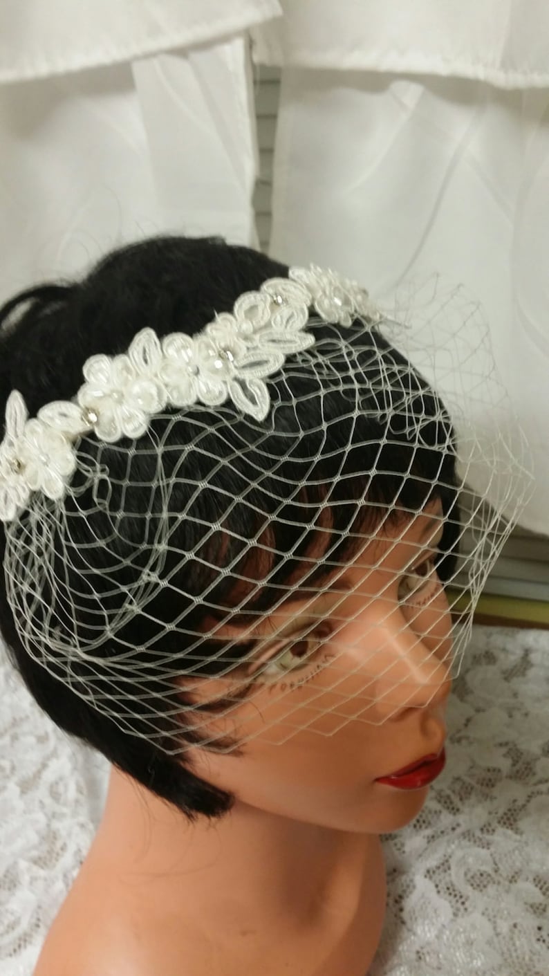 Bride Short Veil Headband,Destination weddings headband,Classic Ivory headband,First Communion,Confirmation,Traditional, headpiece image 1