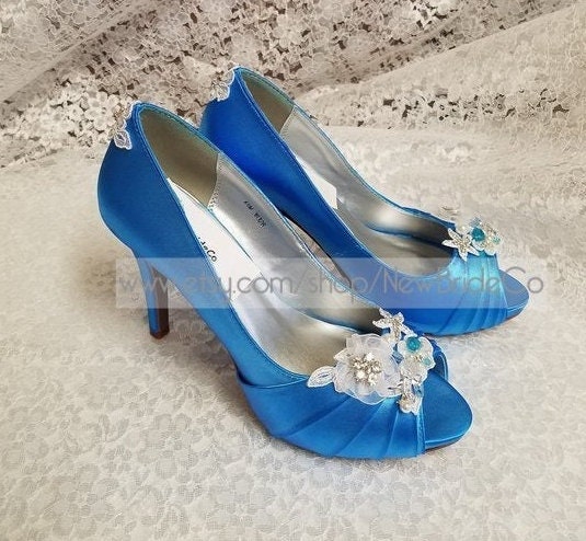 Brides Satin Blue Heels 3 1 2 With Comfy Platform starfish Ocean Blue Wedding Shoes peep Toe Ocean Blue Heels 3.5 something Blue Accessory Etsy Canada