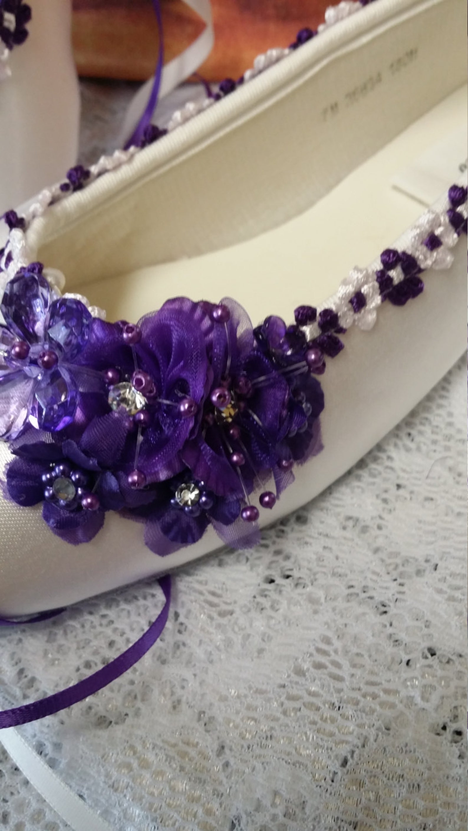 wedding purple flats silk flowers, pearls, crystals, and ankle ribbons, lace up ribbon, satin ballet style slippers,closed toe,