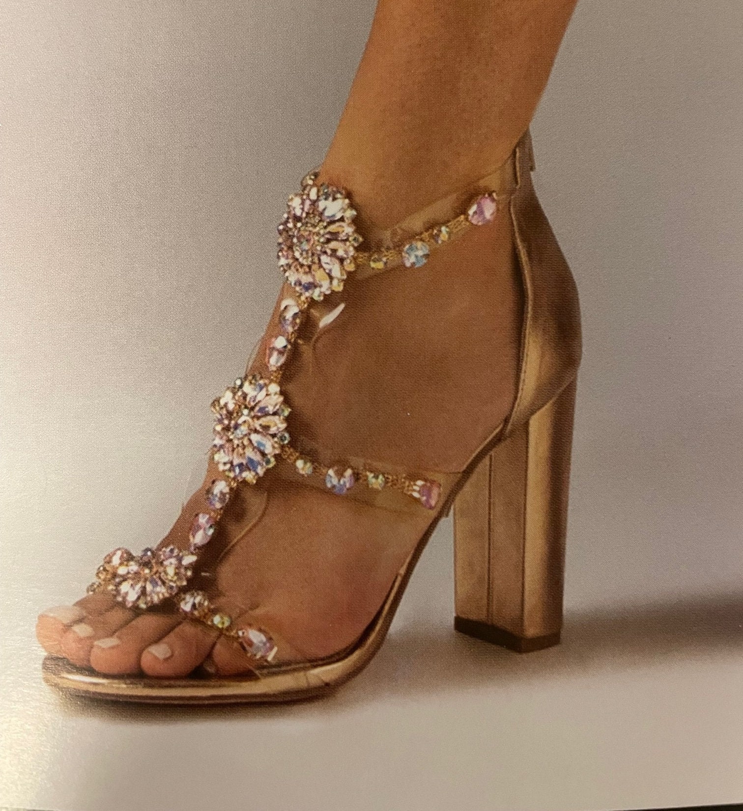  FSJ Women Crystal Studded Clear Pumps Sparkle Rhinestones Mid  Low Heel Sandals Slingback Half D'Orsay Pointed Toe Wedding Shoes Size 4  Beige