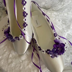 PURPLE Wedding Flats silk flowers pearls crystals and ankle Lace Up Ribbon, Satin Ballet Style Slippers with deep purple flowers, Closed Toe