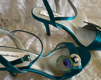 Peacock Shoes Peacock Green Heels Teal Peacock Wedding Shoes: Crystal Ankle  Strap Heels, Size 10