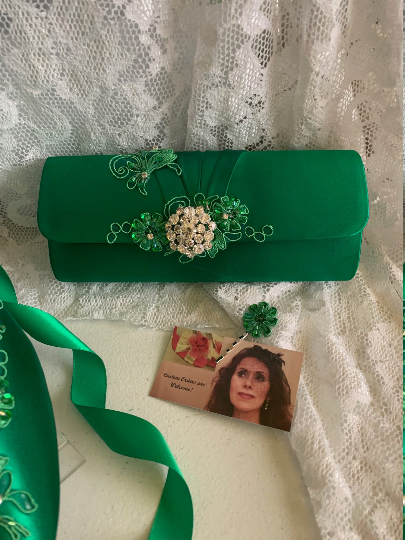Green Wedding Clutch Bag Satin Green Appliqués and Crystal Etsy