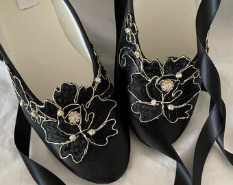 Black Satin Ballerina Flats: Gold Floral Ankle Strap Shoes, Gold Flower, Evening Shoe, Special Occassion Wear, Black Flats, Black and Gold