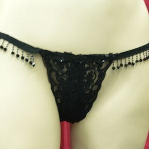 Black G-string with black dangling beads totally hand stitched Small,Beaded Black Thong,G String, Honeymoon, Burlesque, Dance,Sexy,Lingerie