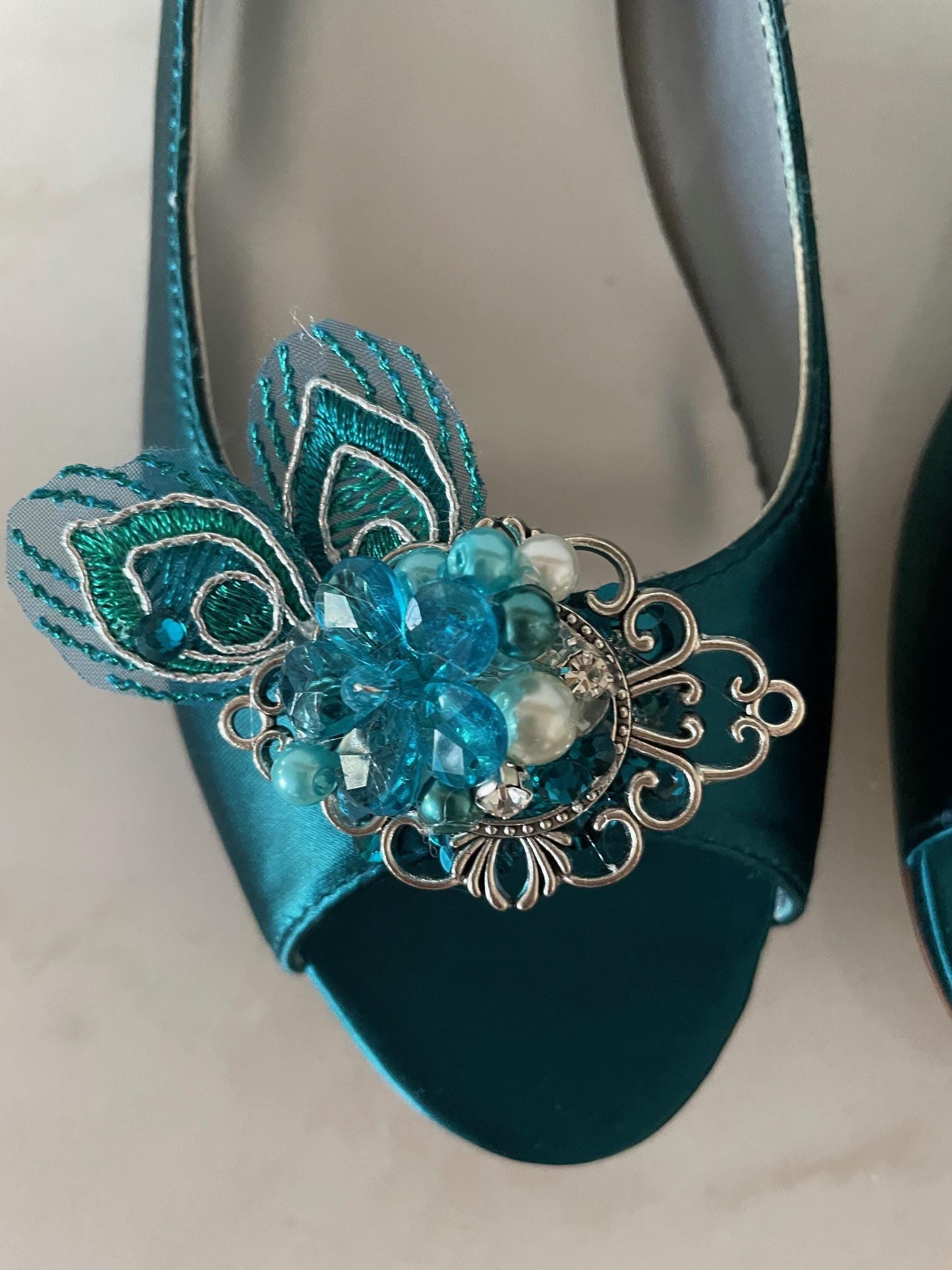 Teal Wedding Satin Flats Half inch heel  Peep toes, Flat Wedding Shoe 1/2 heel teal color peep toes