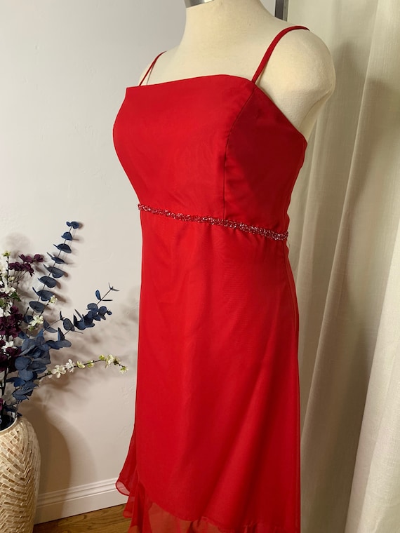 strapless open back dress Plus Size Bardot Premium Lace Dip Hem Dress in Red main image 0