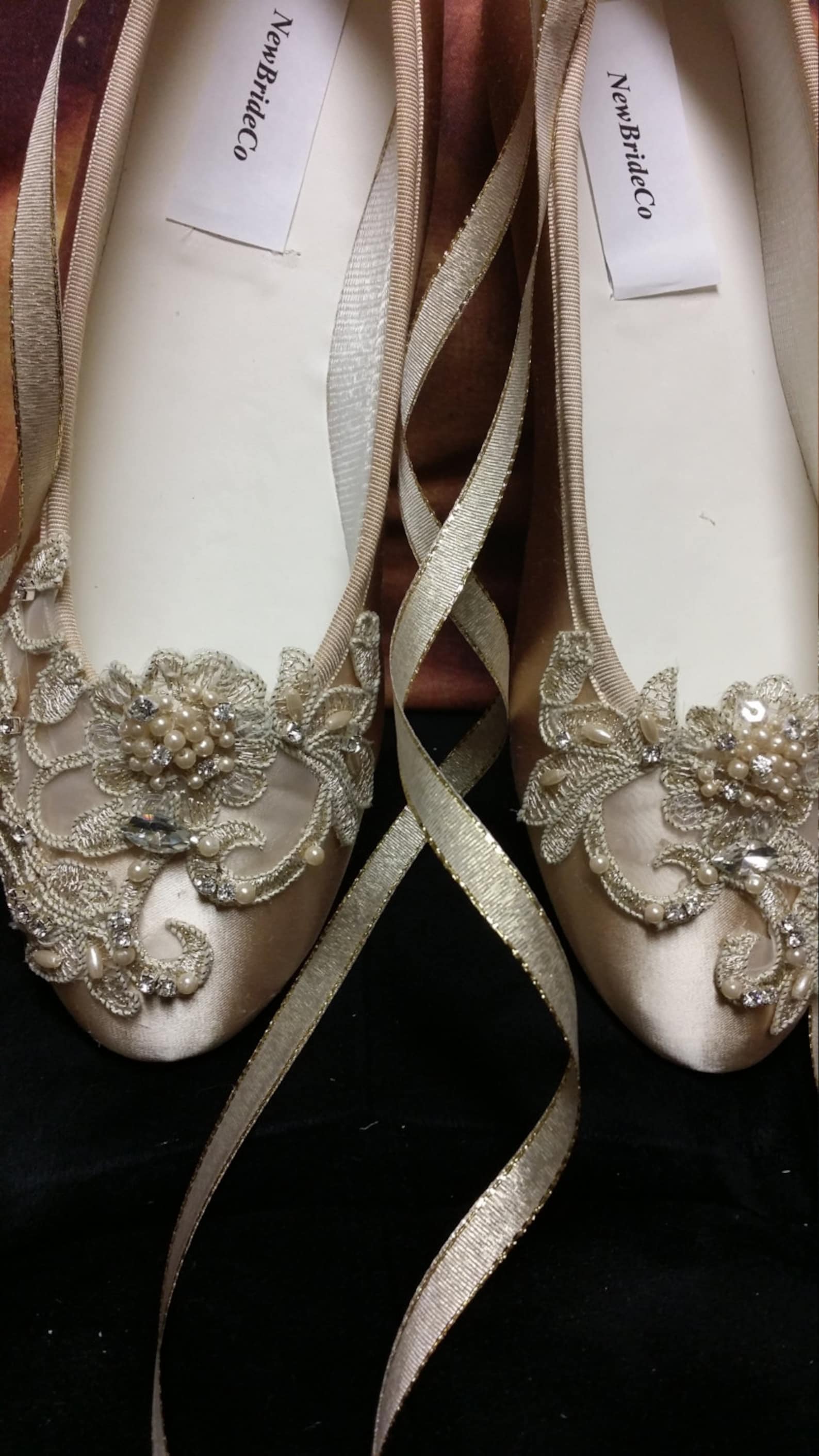 gold champagne shoes ballerina style satin lace appliqué crystals pearls, lace up ribbon ballet style slipper, comfortable weddi gold champagne shoes ballerina style satin lace appliqué crystals pearls, lace up ribbon ballet style slipper, comfortable weddi