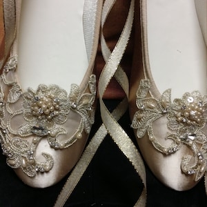 Champagne Gold Flats Ballerina Style Satin Lace Appliqué Crystals ...