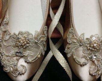 Champagne Gold Flats Ballerina style Satin Lace Appliqué Crystals Pearls, Lace Up Ribbon Ballet Style Slipper, Comfortable Wedding Shoes