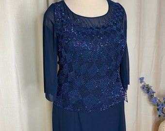 Beaded Navy Blue Chiffon Formal Gown - Vintage Caterina Size 18