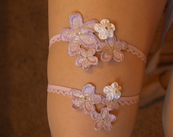Wedding Lavender garter set - Lavender garter Silver flowers, Handmade purple garter set, Lilac Lace on lilac lace stretch band