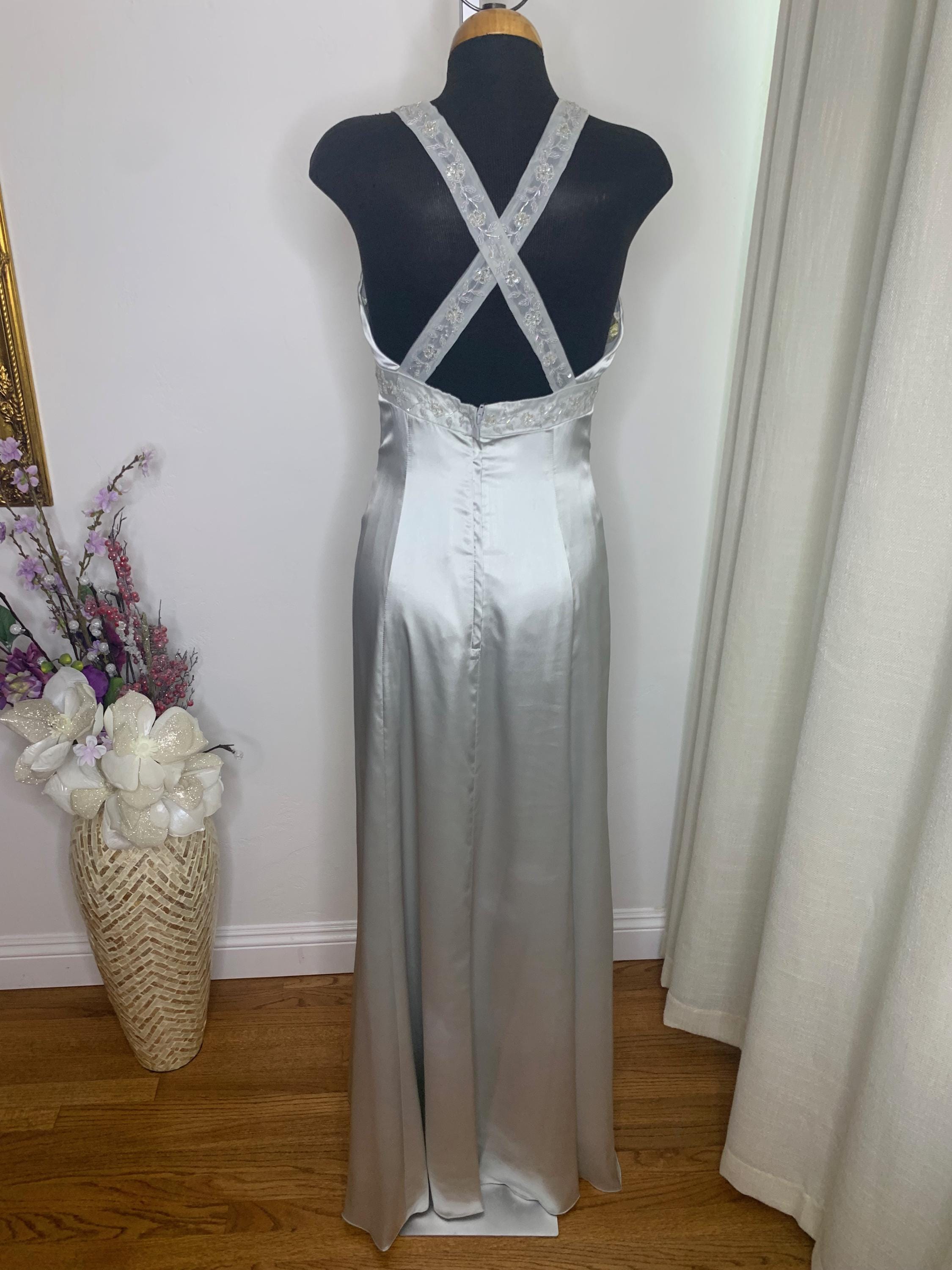 Vintage Silver Charmeuse Halter Gown: Beaded A-Line Formal Dress, Size 6