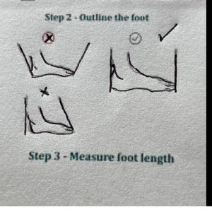 May include: An instructional diagram titled Step 2 - Outline the foot and Step 3 - Measure foot length. It features three black line drawings of a foot against vertical lines, showing incorrect and correct methods for tracing a foot for sizing.
