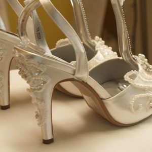Size 10 Heels White Wedding Satin Platform shoes Peep Toe T-Strap High Heels Bling,High White Heels lace bling Ready to Ship