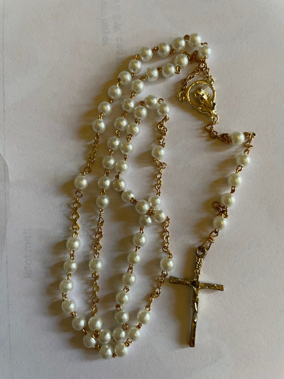 Baptism White/Gold Rosary beads, Communion Rosary… - image 4