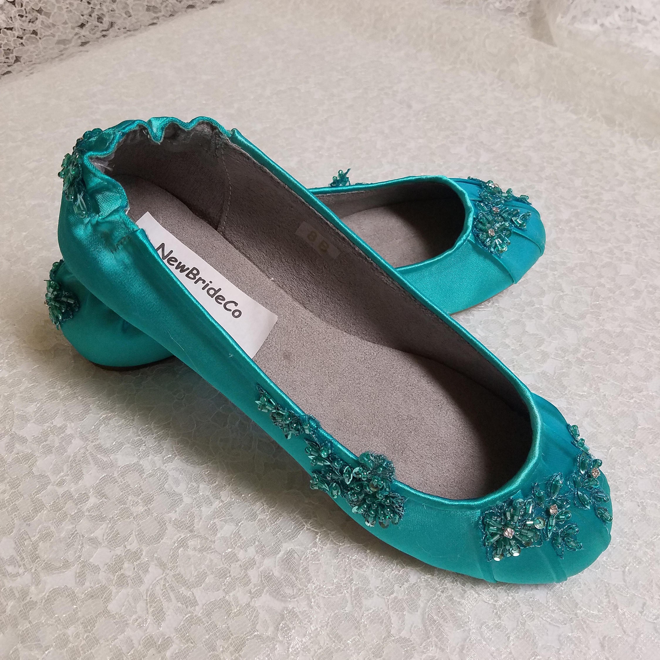 Size 8 READY Teal Flat Shoes beaded Flats Wedding satin Beaded Slippers shoes Beaded Lace Prom Shoes Super Comfortable Mob ready to Ship Etsy