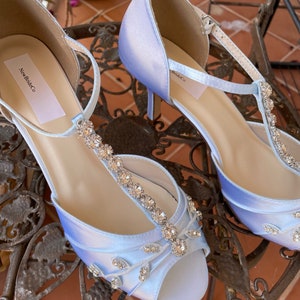 Powder Blue 2 1/2&quot; Heel Shoes Bling glass Crystals, Mid high heel peep toe, Shoes T-strap with ankle strap, hand dyed bling satin mid heels