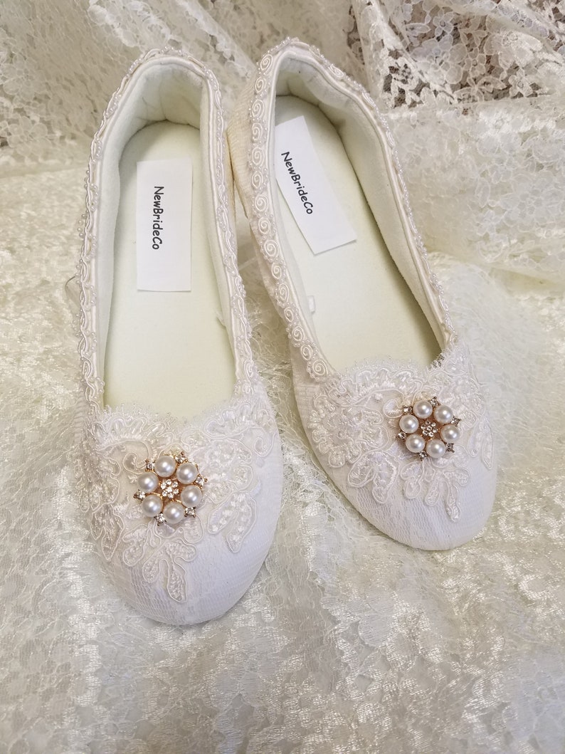 Wedding Ivory Flats  Vegan Shoes Embellished with hand sewn BEADS appliqués and pearls brooch, Victorian, Great Gatsby, Romantic Lace Chic