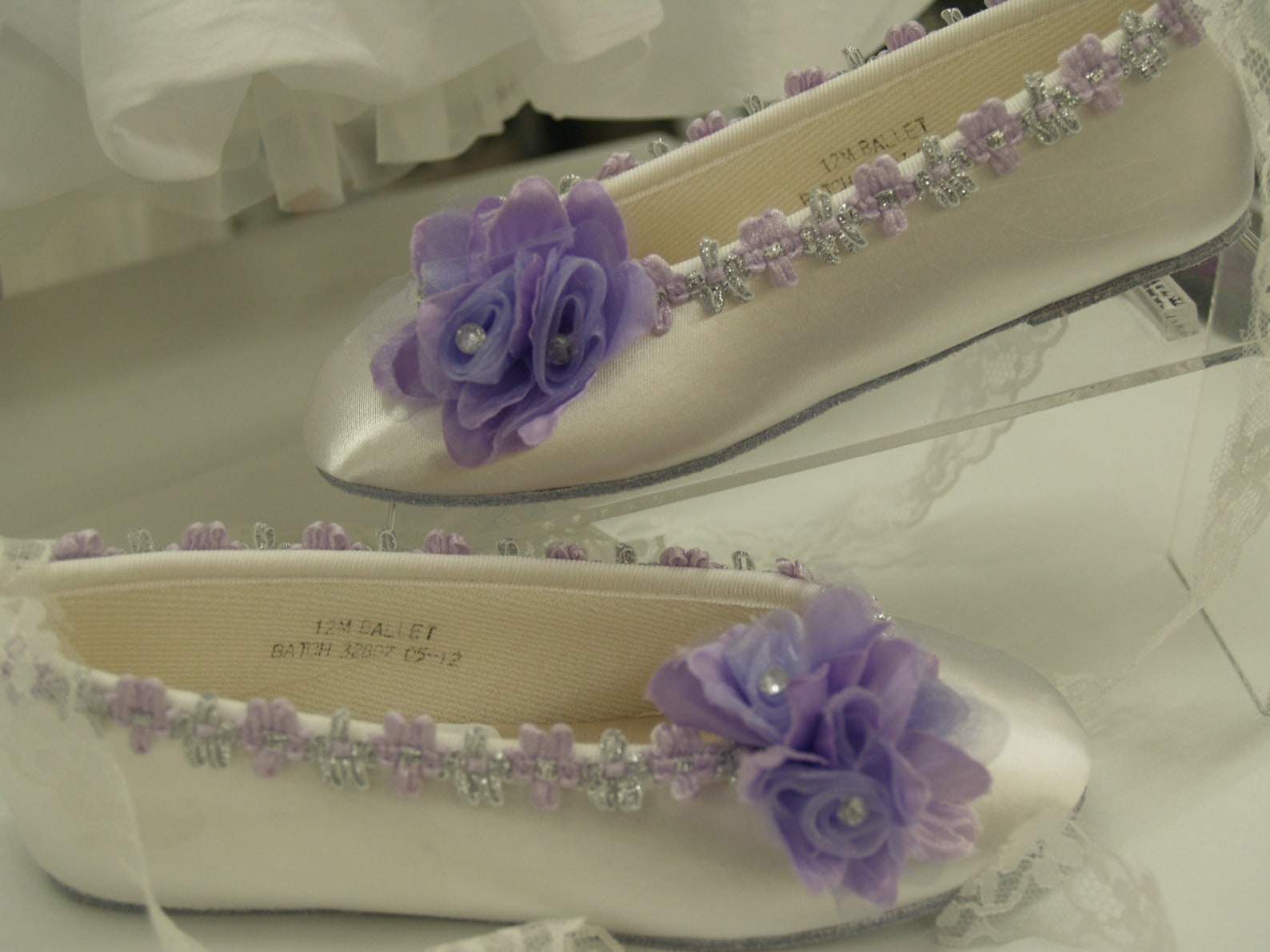 size 12 flower girls ballet style slippers white w purple flower w silver accents ready to ship,lace up ribbon ballet slipper,be