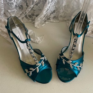 TEAL Wedding Bling Shoes,Royal Blue with Silver Swarovski Crystals, peep toe, covered heel ankle strap, hand dyed satin, bling , satin heels