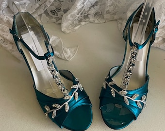 TEAL Wedding Bling Shoes,Royal Blue with Silver Swarovski Crystals, peep toe, covered heel ankle strap, hand dyed satin, bling , satin heels