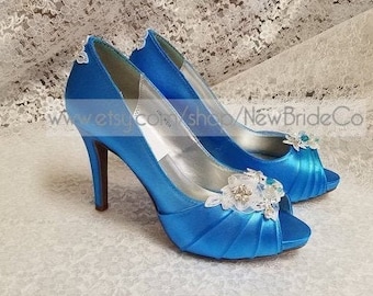 Brides Satin Blue Heels 3 1/2" with comfy platform,Starfish Ocean blue wedding shoes,peep toe ocean blue heels 3.5",something blue accessory