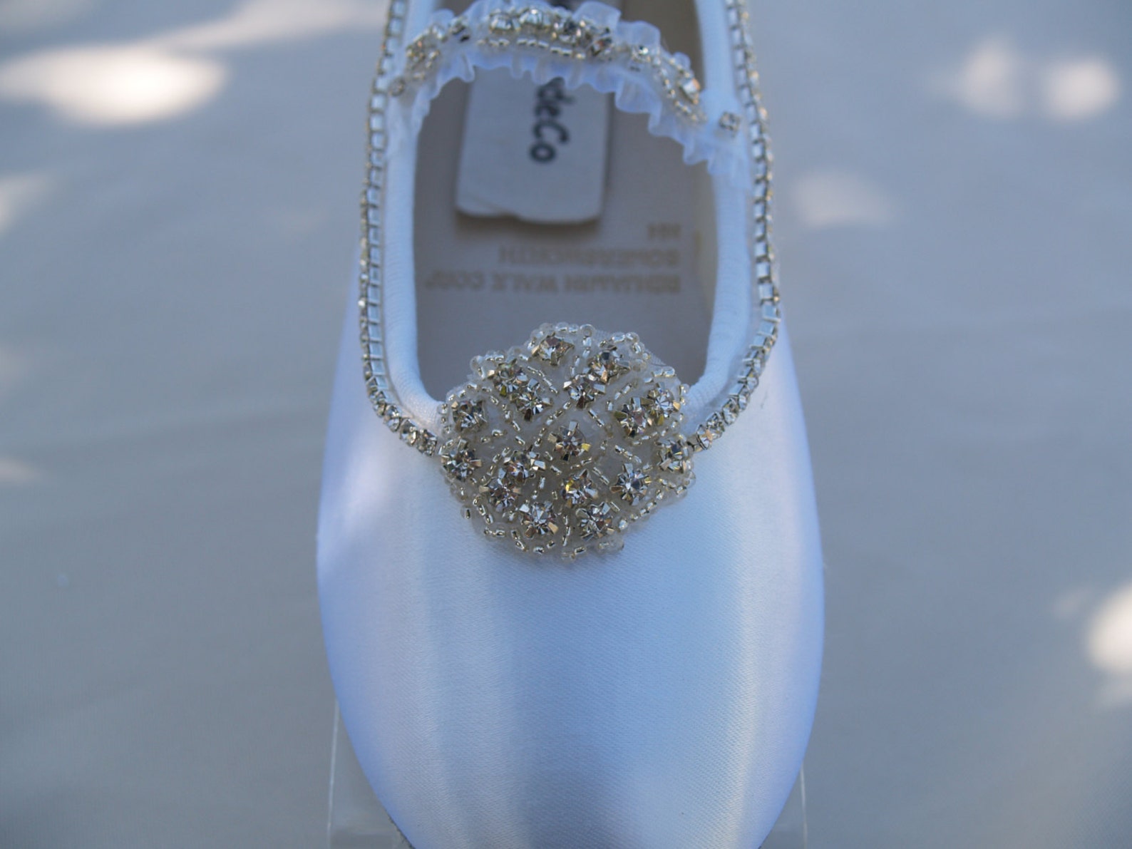 wedding shoes ballet style flats swarovski silver crystals flowers,bling white satin flats, luxurious, mary janes, old hollywood