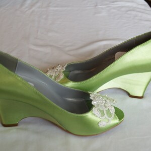 Wedge Shoes Apple Green w/ Lace Flower & Pearl Appliqué,Peep Toe Wedding Satin wedge Shoes,Prom green wedge shoes, Shoes Mother of the Bride image 4