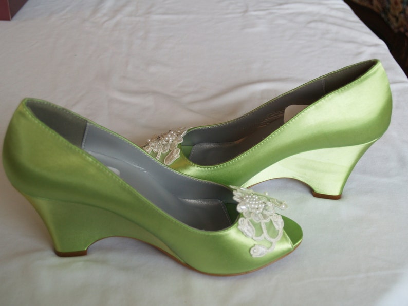 Wedge Shoes Apple Green w/ Lace Flower & Pearl Appliqué,Peep Toe Wedding Satin wedge Shoes,Prom green wedge shoes, Shoes Mother of the Bride image 4