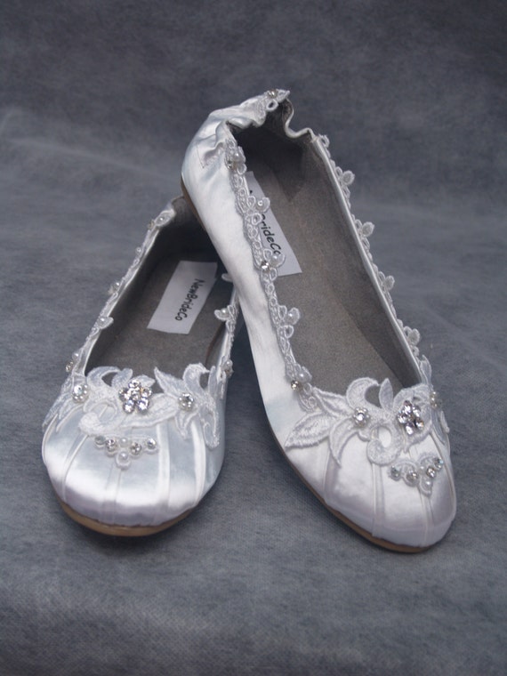White Wedding Flats Lace crystals Shoes 