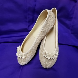 Size 5 Lace Ivory Flats, Vegan Lace Flats flowers crystals adornment victorian style slippers, comfortable,Ready to Ship