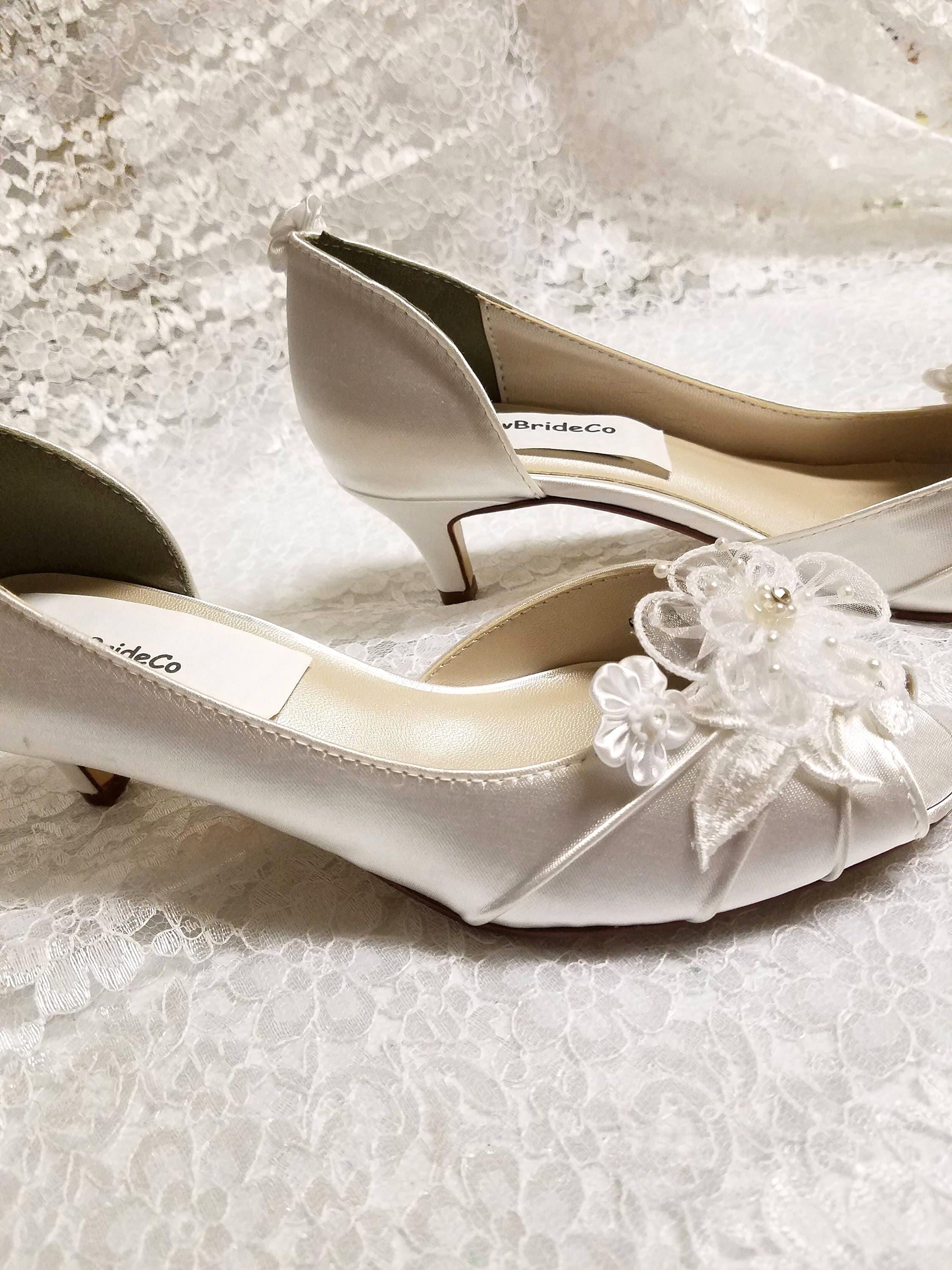 Off-White Wedding Shoes Kitten Heel Ivory or Off-White Embellished with Lace Flower, Comfortable Peep Toe Shoe Low or Mid Heels,, image size:2250x3000