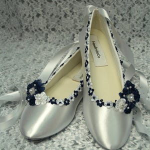 Wedding Flat shoes Navy Blue trims on Ballet style slipper, White Navy blue Bridal Flat shoes, Nautical, Marine, Sailor Navy Blue Trim