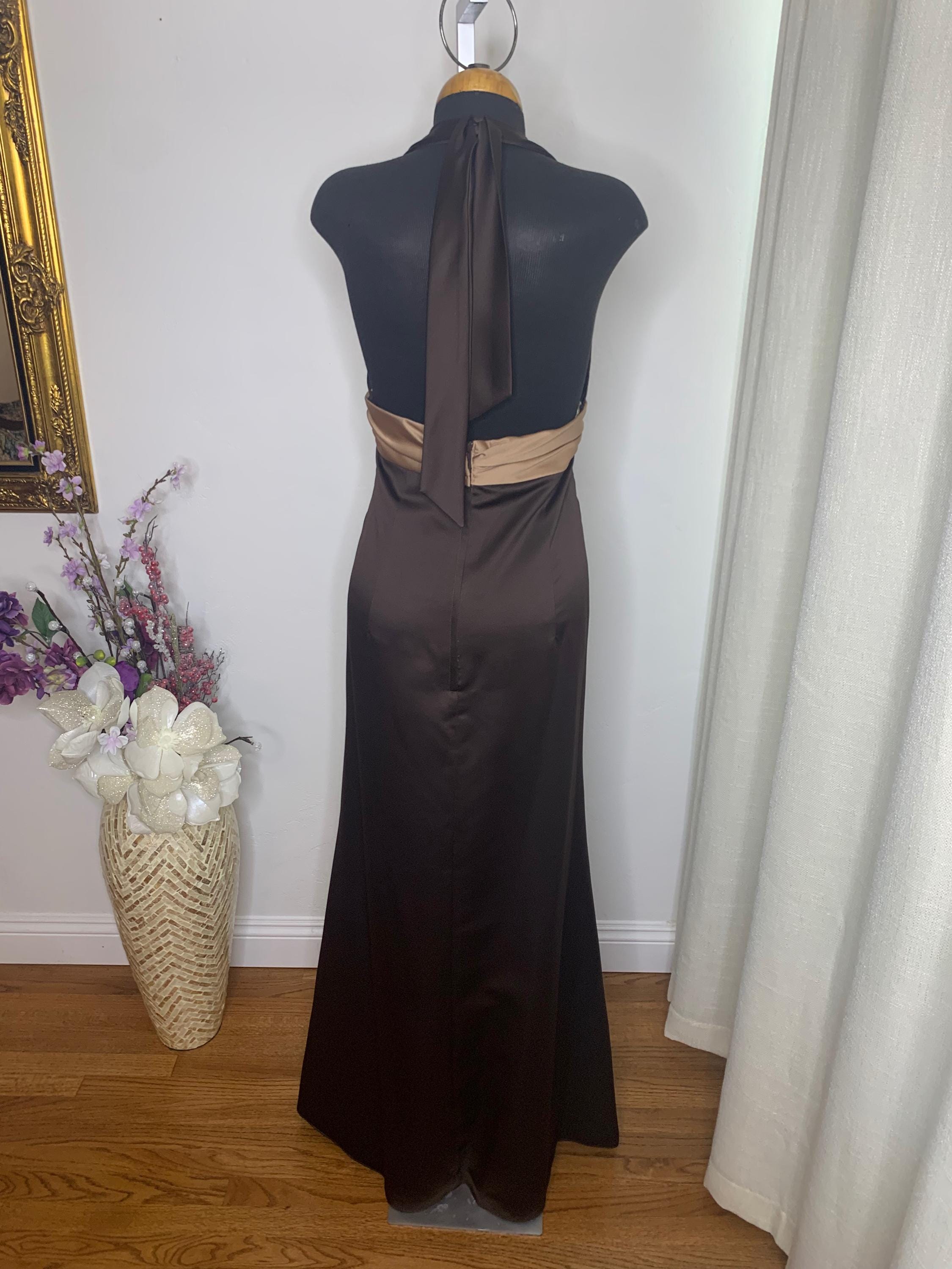 Chocolate Brown Halter Top Formal Dress: Fitted Mermaid Gown, Size 12