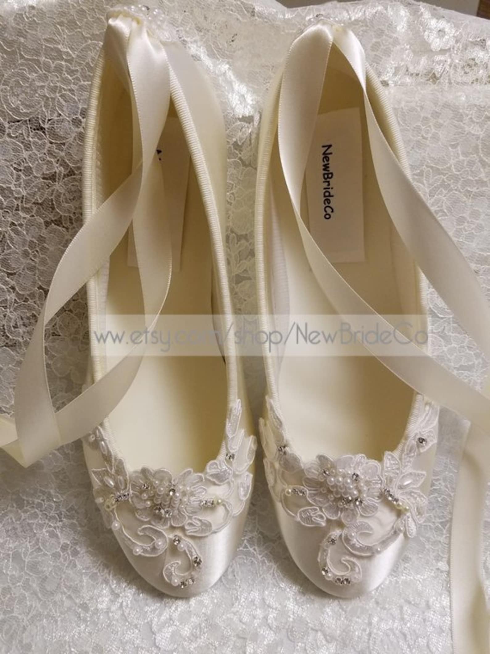 brides white wedding flats, satin ivory shoes, lace applique with pearls, lace up ribbon ballet style slipper, comfortable weddi