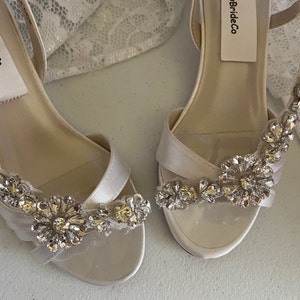 Wedge Shoes 1" heel White or Ivory with lots of crystals,Short Heel,Open toes low heel Satin Sandals,Old Hollywood Sandals,Shoes Art Deco,