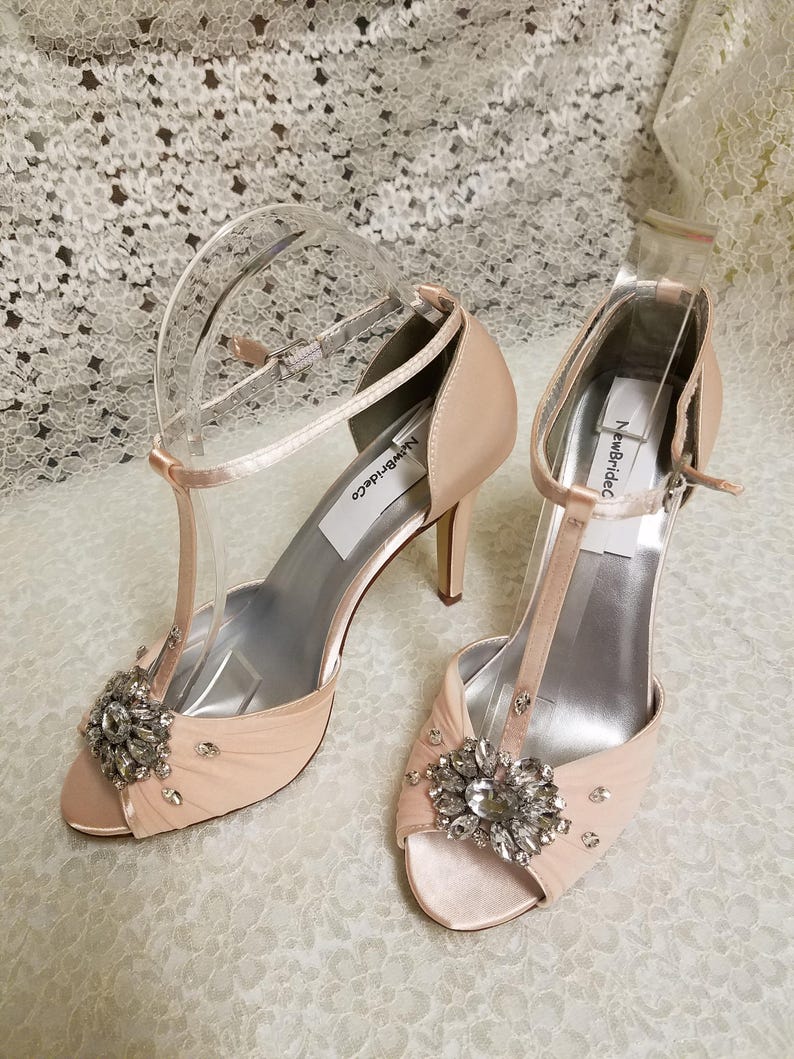 Blush Wedding Shoes High heels Modern Open Toe T Strap Satin Etsy