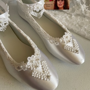 Tie Around Ankle Bridal Wedding Victorian Flats,Fine US Lace pearls & crystals embellished, Wedding flat shoes Edwardian, Renaissance, Satin image 10