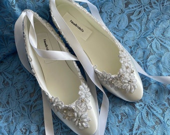 Brides White Wedding Flats, Satin Ivory Shoes, Lace Applique with Pearls, Lace Up Ribbon Ballet Style Slipper, Comfortable Wedding Shoes