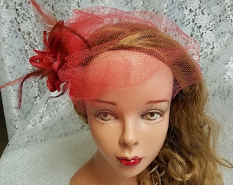 Red Feathers Fascinator, Red Flowers Birdcage,Valentines Fascinator,short veil,Kentucky Derby,Red Wedding, Special Occasion, Party headpiece