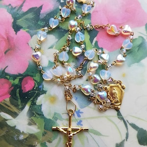 Rosary heart shaped iridescent beads,Baptism Communion Rosary beads, Gift,Catholic gift,Vintage Rosary  beads