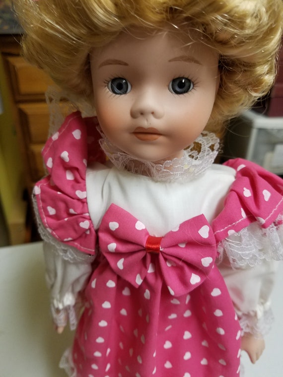 PORCELAIN Doll Vintage 90 s With Pink Polka Dot Dress Blonde Curly Hair Porcelain Doll Etsy Canada
